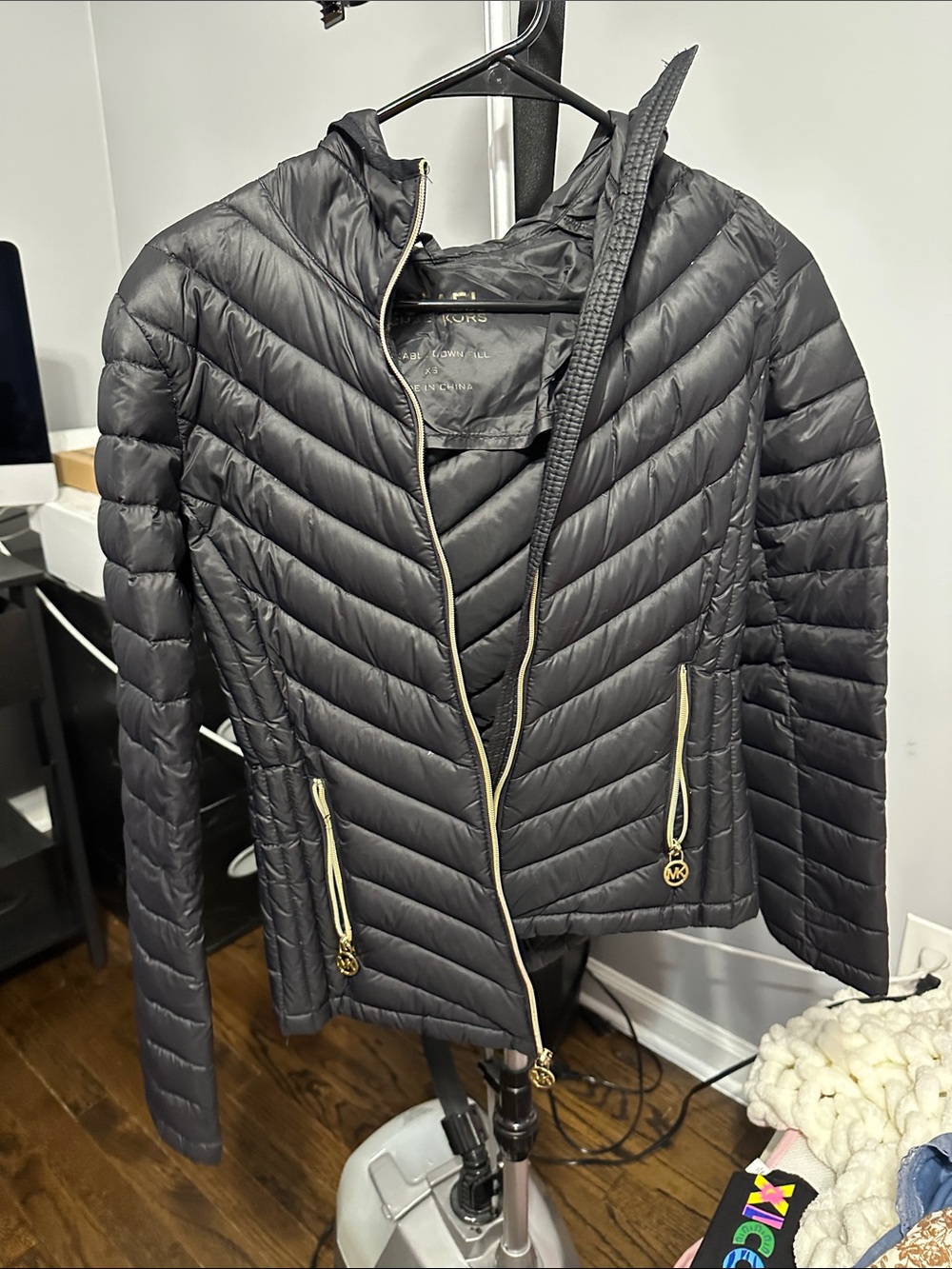 Michael Kors Black Chevron Quilted Hooded Puffer Jacket with Gold Accents